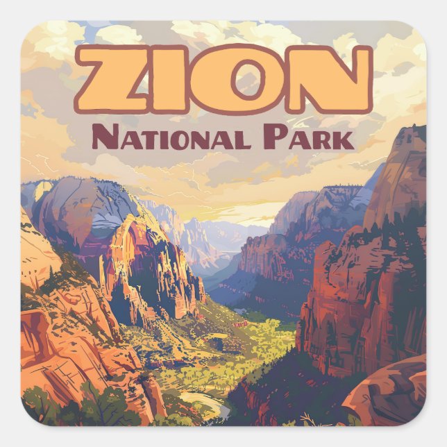 Pegatina Cuadrada Parque nacional Zion Retro Cañón Utah Moab (Anverso)