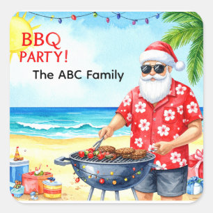 Pegatina Cuadrada parrilla de Navidad Santa Claus BBQ fiesta de barb