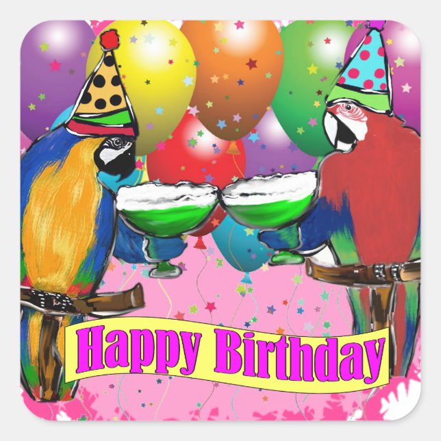 PEGATINA CUADRADA PARROS DE CUMPLEAÑOS (Anverso)