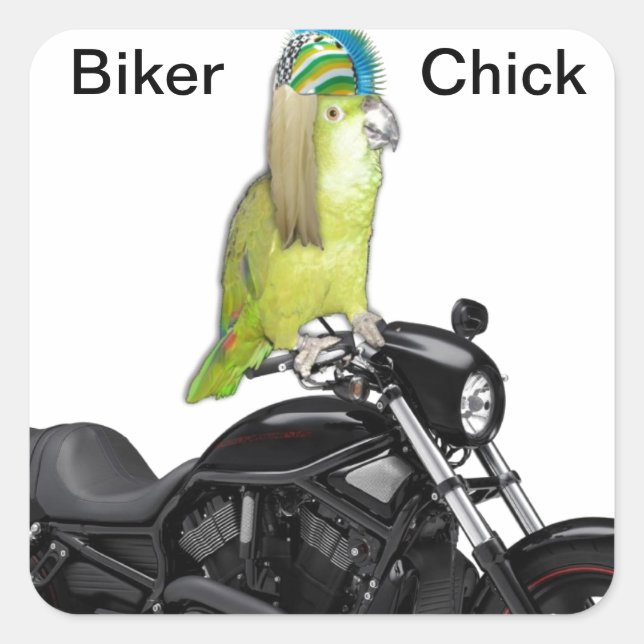 Pegatina Cuadrada Parrot Biker Chick on (Anverso)