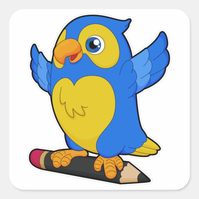 Pegatina Cuadrada Parrot with Pencil (Anverso)