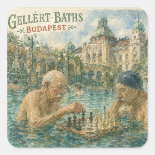 Pegatina Cuadrada Partida de ajedrez Gellert Baths Budapest Hungría