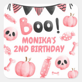 Pegatina Cuadrada Partido Chica Rosa Halloween Segundo Cumpleaños