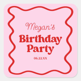 Pegatina Cuadrada Partido de Cumpleaños de la Frontera Rosa Roja Wav
