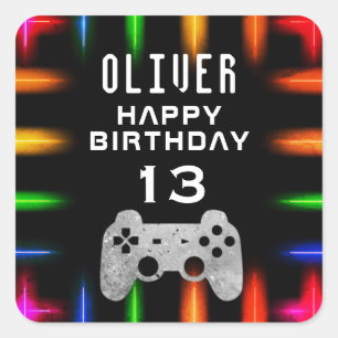 Pegatina Cuadrada Partido de cumpleaños de Neon Gaming para controla