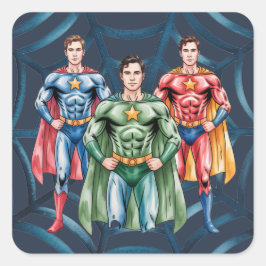 Pegatina Cuadrada Partido de Cumpleaños De Superhéroes Para Niños