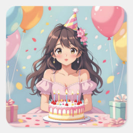 Pegatina Cuadrada Partido de Cumpleaños del Chica Cute Anime