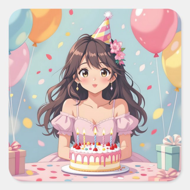 Pegatina Cuadrada Partido de Cumpleaños del Chica Cute Anime (Anverso)