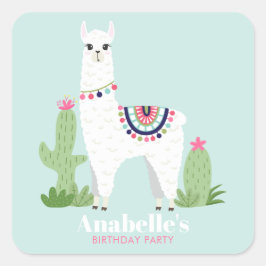 Pegatina Cuadrada Partido de Cumpleaños del Chica Cute Llama