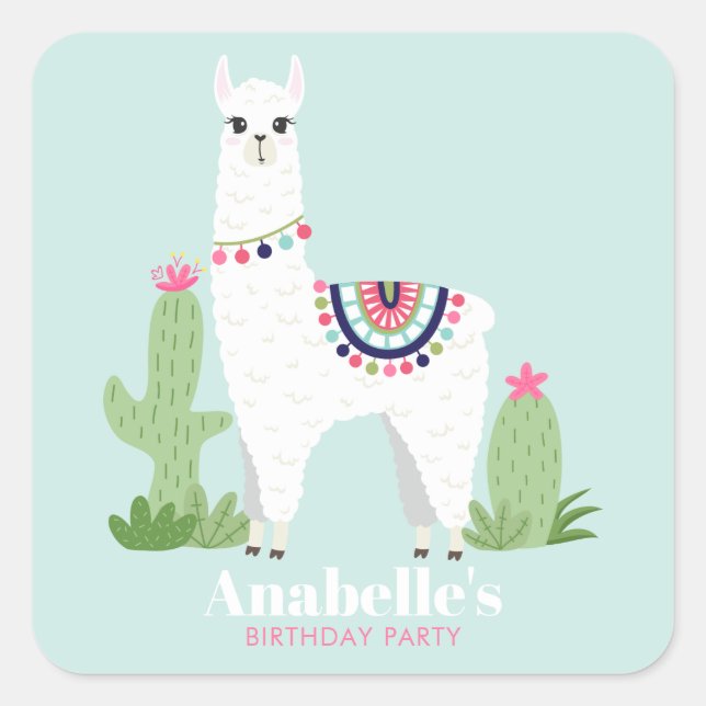 Pegatina Cuadrada Partido de Cumpleaños del Chica Cute Llama (Anverso)