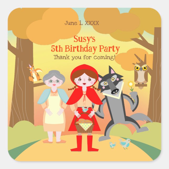 Pegatina Cuadrada Partido de Cumpleaños del Chica Red Riding Hood (Anverso)