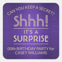 Pegatina Cuadrada Partido de Cumpleaños Sorpresa cepillado Morado y 