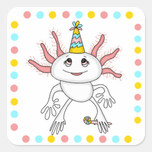 Pegatina Cuadrada Partido de Cumpleaños Temático de Axolotl