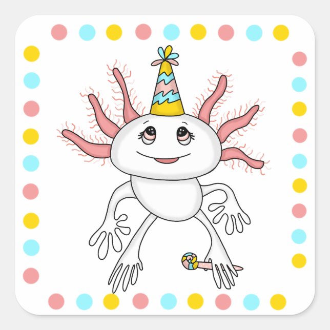 Pegatina Cuadrada Partido de Cumpleaños Temático de Axolotl (Anverso)