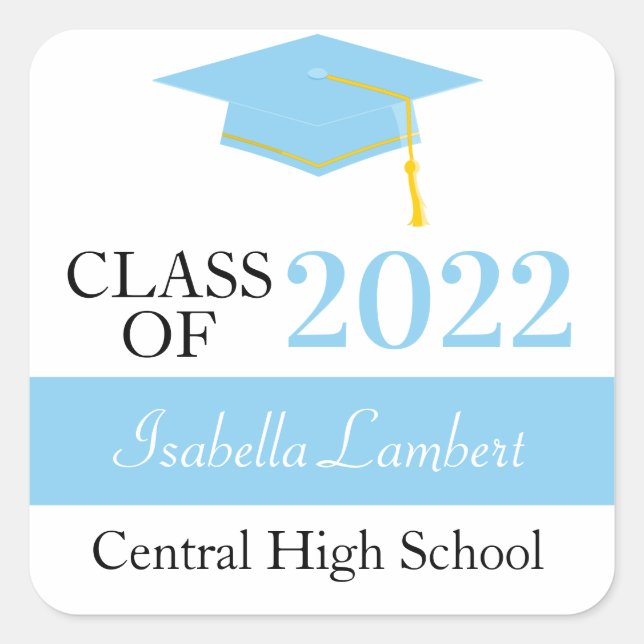 Pegatina Cuadrada Partido de Graduación Azul Bebé Favor de Gracias E (Anverso)