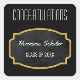 Pegatina Cuadrada Partido de Graduación de Purpurina Oro Favor Cla