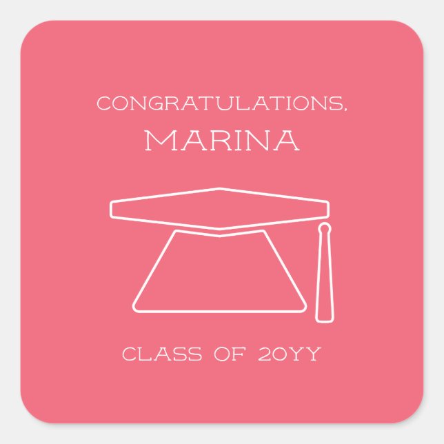 Pegatina Cuadrada Partido de Graduación Rosa Personalizada (Anverso)