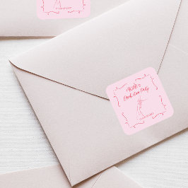 Pegatina Cuadrada Partido de Graduación Rosa y Roja con Doodle dibuj