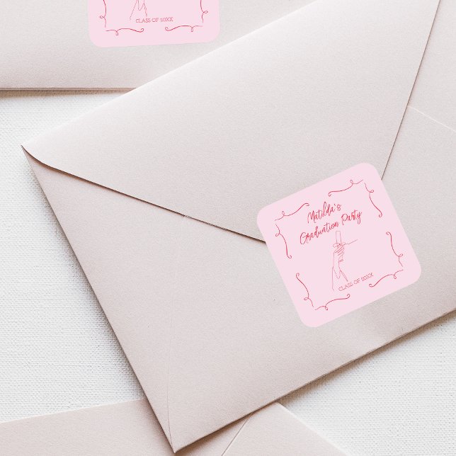 Pegatina Cuadrada Partido de Graduación Rosa y Roja con Doodle dibuj (Hand Drawn Doodle Pink & Red Graduation Party Square Sticker)