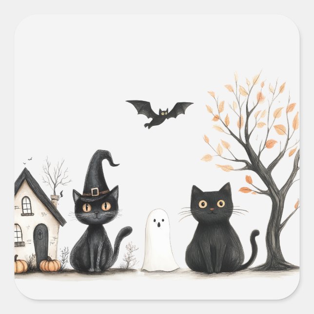 Pegatina Cuadrada Partido de Halloween de los gatos negros (Anverso)