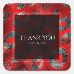 Pegatina Cuadrada Partido de impresión de leopardo rojo y plateado