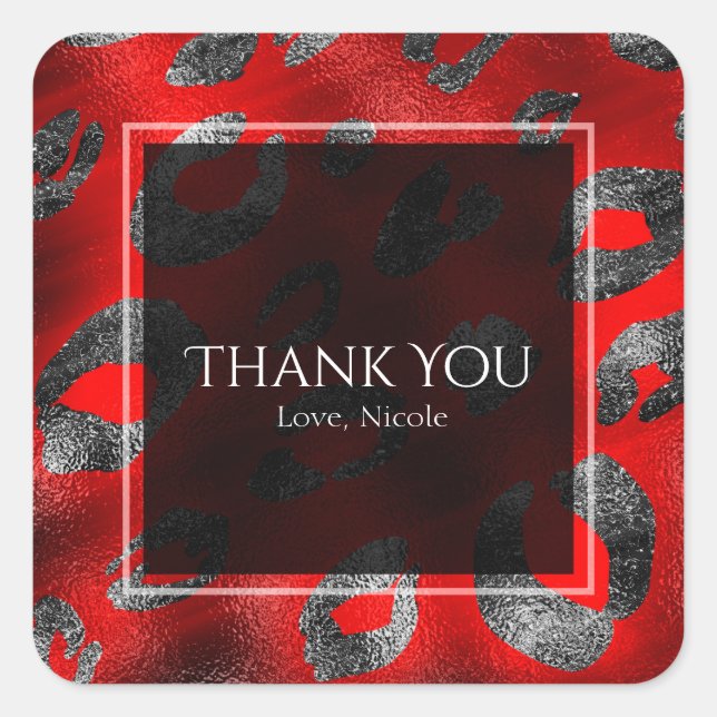 Pegatina Cuadrada Partido de impresión de leopardo rojo y plateado (Anverso)