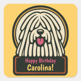 Pegatina Cuadrada Partido del cumpleaños del perro blanco Shaggy