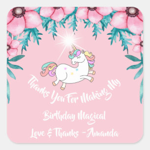Pegatina Cuadrada Partido Unicornio Favor Del Rosa Gracias Flores Co
