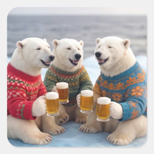 Pegatina Cuadrada Party Polar Bears Wearing Christmas Ugly Sweaters (Anverso)