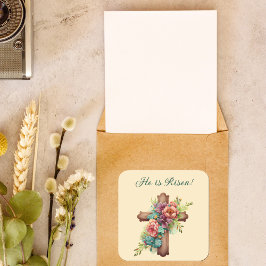 Pegatina Cuadrada Pascua: Cruz Floral "He is Risen"