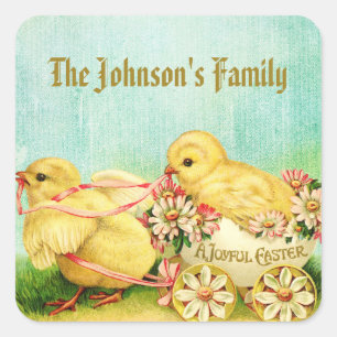Pegatina Cuadrada Pascua de pollo amarillo vintage