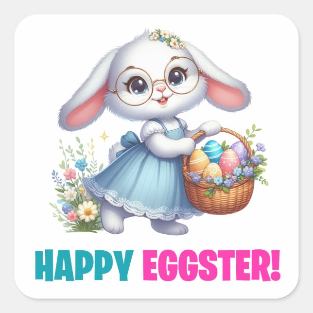 Pegatina Cuadrada Pascua está llegando - Caza de huevos de Pascua (Anverso)