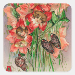 Pegatina Cuadrada Pascua feliz con flores de cabeza de las mujeres