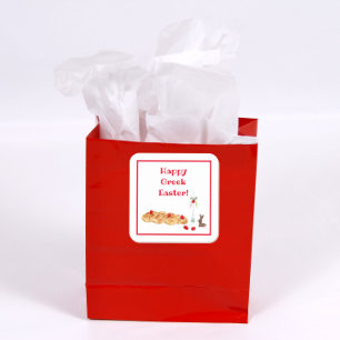 Pegatina Cuadrada Pascua Griega Feliz con Pan Tsoureki al Acuarela