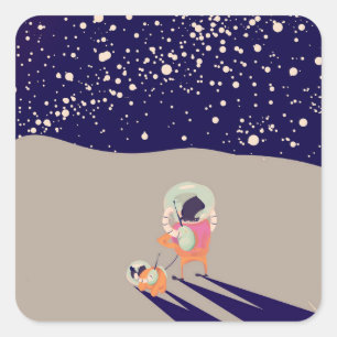 Pegatina Cuadrada Paseador de perros en la luna caricatura vintage