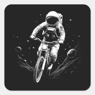 Pegatina Cuadrada Paseo en bicicleta del astronauta cósmico aventura