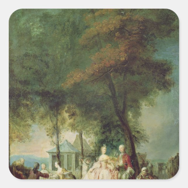 Pegatina Cuadrada Paseo en Longchamp, c.1760 (Anverso)