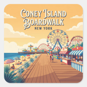 Pegatina Cuadrada Paseo marítimo de Coney Island EE. UU.