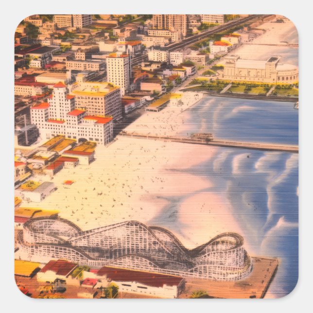 Pegatina Cuadrada Paseo marítimo histórico retro de Long Beach, Cali (Anverso)