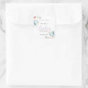 Pegatina Cuadrada Pastel acuarela Cactus Baby Shower rosa
