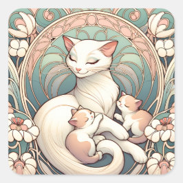 Pegatina Cuadrada Pastel Art Nouveau Madre gatos y gatitos