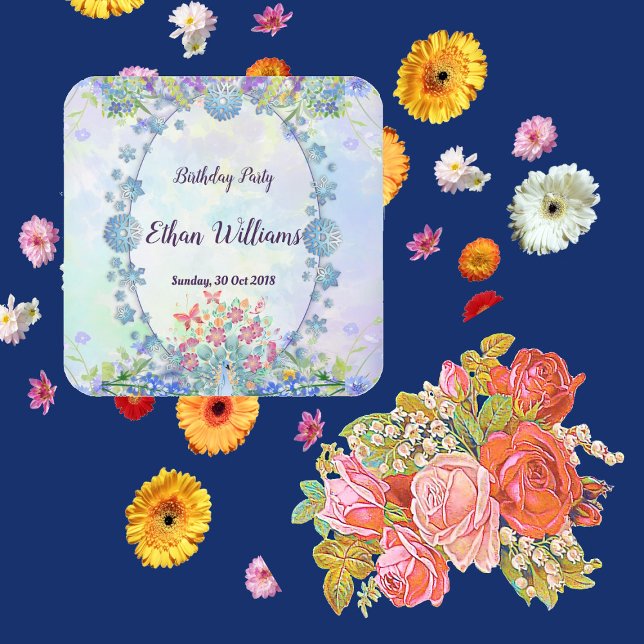 Pegatina Cuadrada Pastel azul suave Hydrangea Purple Oval Cumpleaños (Soft Blue Pastel Hydrangea Purple Floral Birthday Square Sticker)
