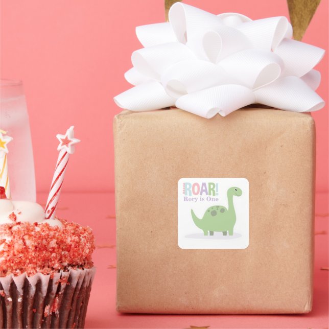 Pegatina Cuadrada Pastel Baby Dinosaurios Roar fiesta de cumpleaños (Fiesta)