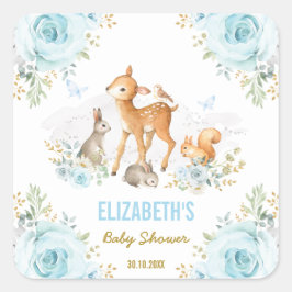 Pegatina Cuadrada Pastel Blue Woodland Animals Baby Shower Favorece