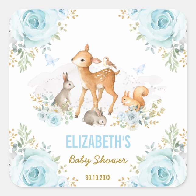 Pegatina Cuadrada Pastel Blue Woodland Animals Baby Shower Favorece (Anverso)