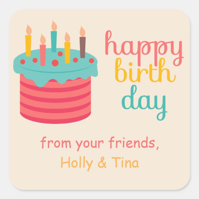 Pegatina Cuadrada Pastel con velas Deseos de cumpleaños (Anverso)