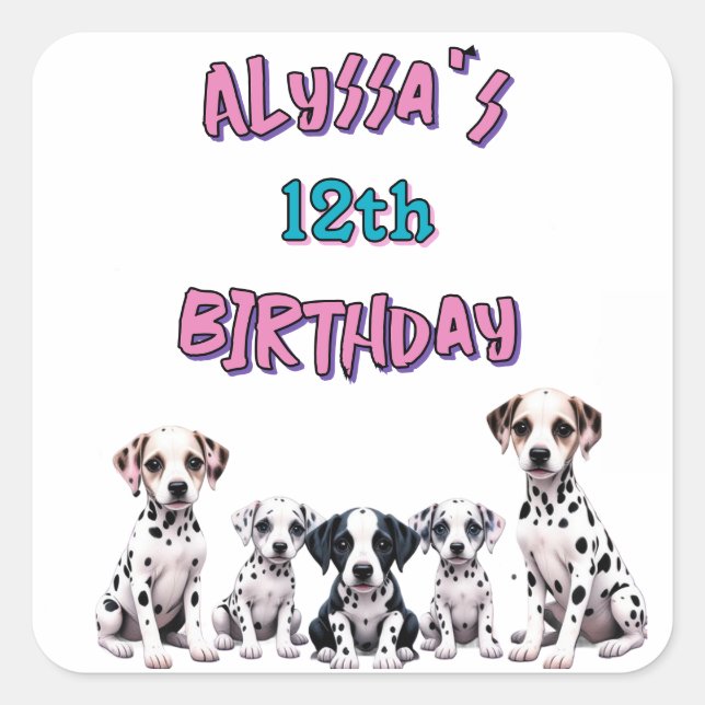 Pegatina Cuadrada Pastel Dalmatian Dogs Birthday Party (Anverso)