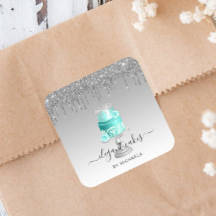 Pegatina Cuadrada Pastel de Boda Brillo Goteo Plata Turquesa Panader