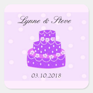 Pegatina Cuadrada Pastel de Boda Morado Guardar la Fecha