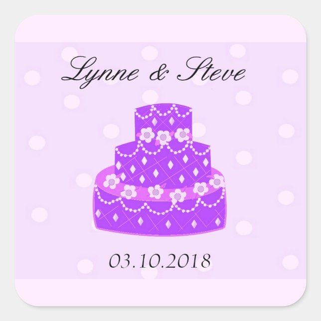 Pegatina Cuadrada Pastel de Boda Morado Guardar la Fecha (Anverso)